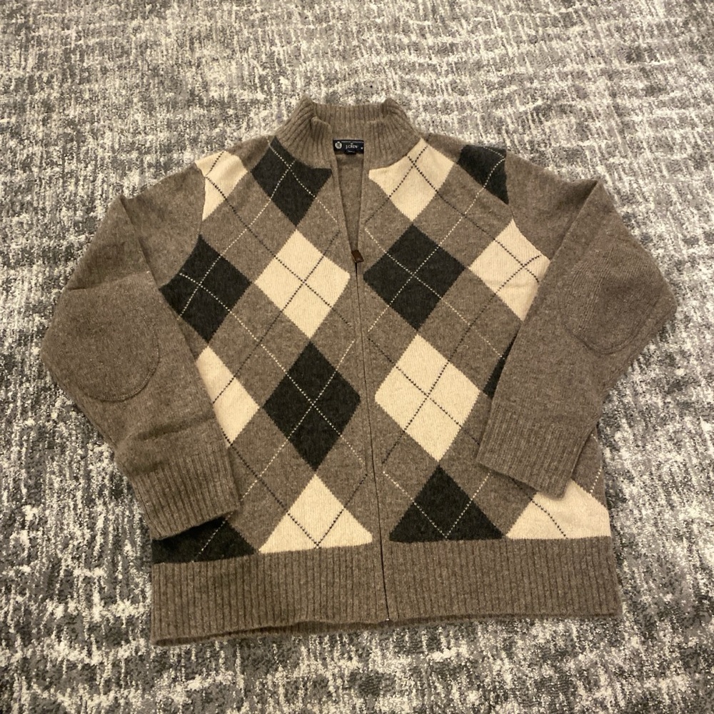 J. Crew Men's Zip Up Argyle Sweater - Brown and Black